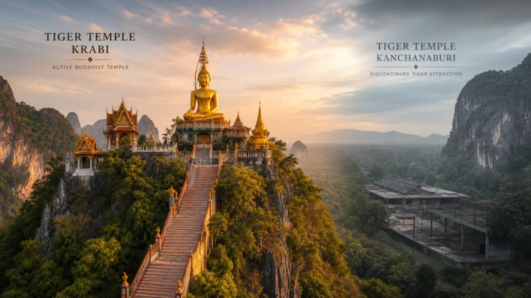 A Thai Buddhist temple in Krabi with a long staircase and golden Buddha overlooking lush limestone hills, contrasted with a d