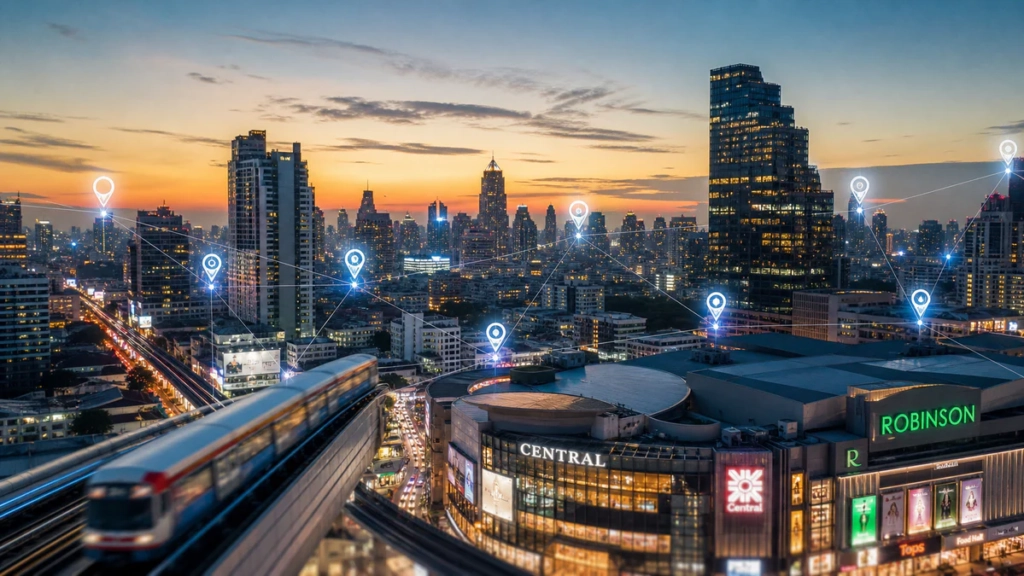 Vue aérienne du quartier moderne de Sukhumvit à Bangkok au coucher du soleil, avec un réseau de marqueurs lumineux connectés