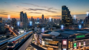 Vue aérienne du quartier moderne de Sukhumvit à Bangkok au coucher du soleil, avec un réseau de marqueurs lumineux connectés