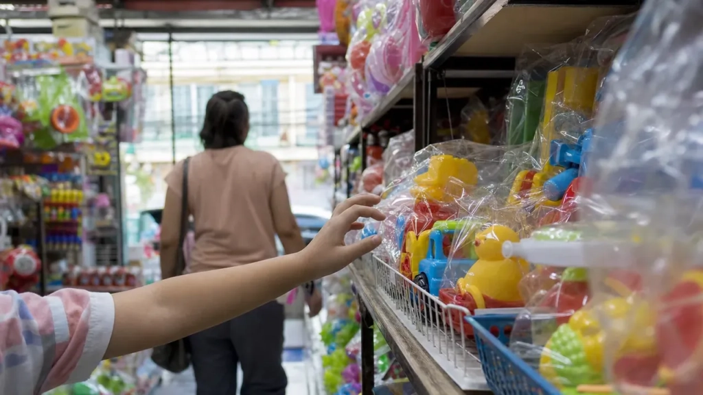 Main d’enfant vers des jouets colorés en magasin