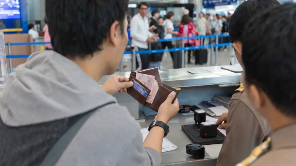 Voyageur présentant ses finances au contrôle de l’immigration en Thaïlande