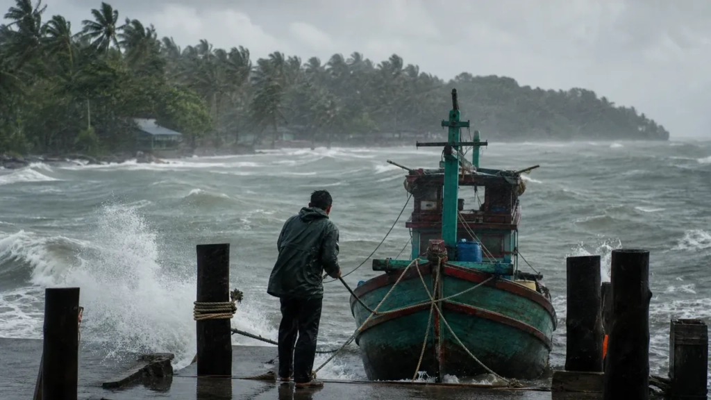 Pêcheur sécurisant son bateau sous la pluie et la tempête