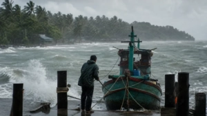Pêcheur sécurisant son bateau sous la pluie et la tempête