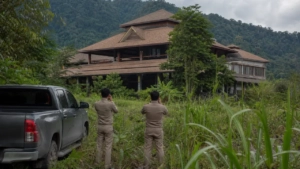 Officials document a resort bungalow dans une réserve forestière