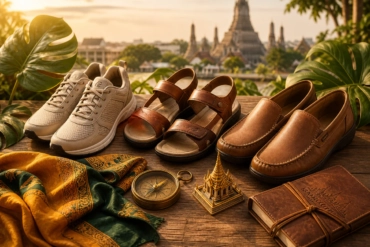 Flat-lay arrangement of three pairs of shoes suitable for Thailand travel: walking sneakers, supportive sandals, and casual l