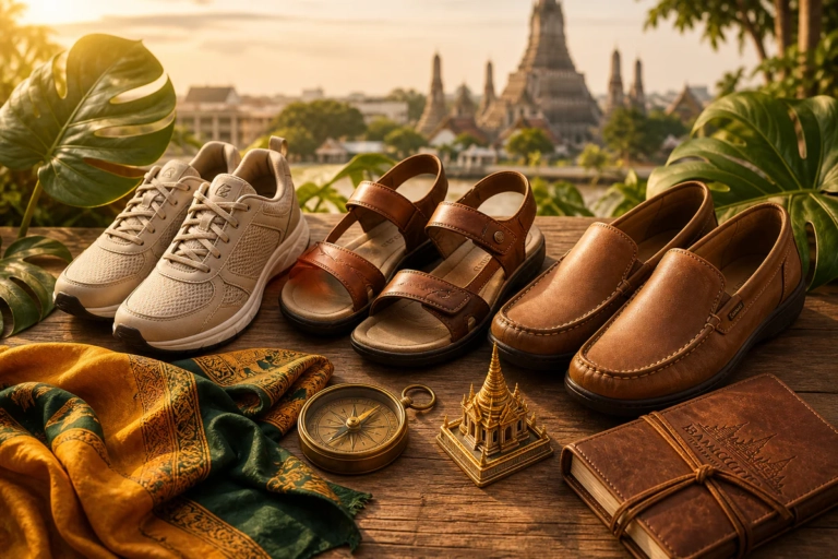 Flat-lay arrangement of three pairs of shoes suitable for Thailand travel: walking sneakers, supportive sandals, and casual l