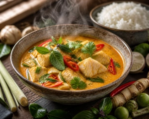 A professionally styled bowl of Thai fish curry with tender white fish in golden coconut sauce, garnished with Thai basil and