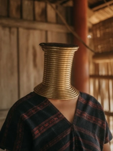 Portrait artistique en profil d'une femme Kayan portant les traditionnels anneaux de cou en laiton, dans un éclairage doux et