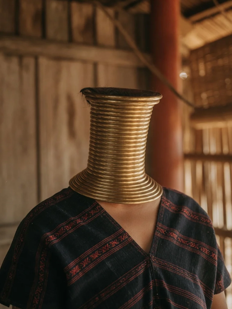 Portrait artistique en profil d'une femme Kayan portant les traditionnels anneaux de cou en laiton, dans un éclairage doux et