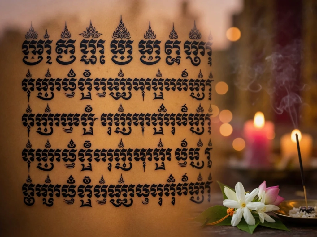 Sacred Thai Hah Taew yantra tattoo pattern showing five horizontal rows of mystical Khom script, photographed in warm temple