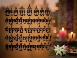 Sacred Thai Hah Taew yantra tattoo pattern showing five horizontal rows of mystical Khom script, photographed in warm temple