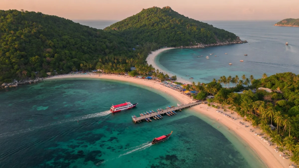 Vue aérienne panoramique de l'île de Koh Tao dans le golfe de Thaïlande, montrant ses baies turquoise, ses plages de sable bl