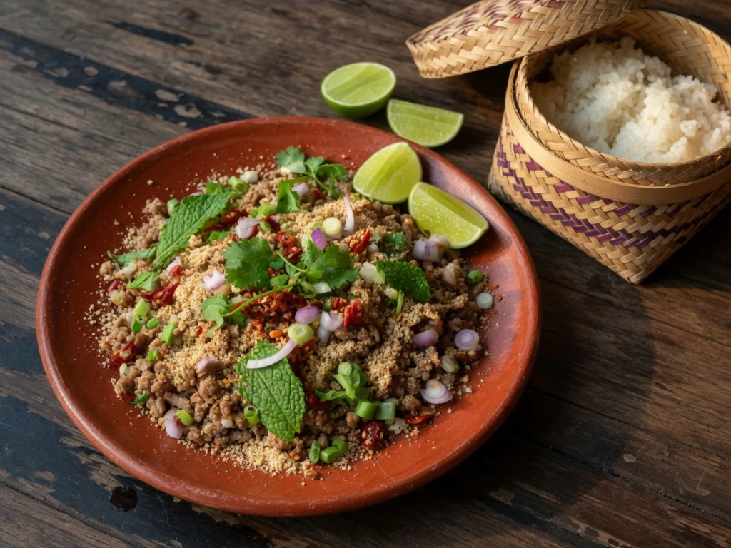 Vue rapprochée d'un larb moo authentique, salade de porc haché isan garnie d'herbes fraîches, d'échalotes, de piment et de po
