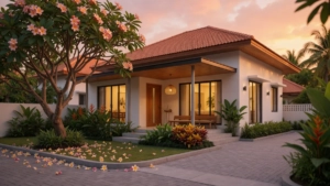 Modern Thai single-family house with tropical garden and covered terrace, photographed in warm golden hour light, representin