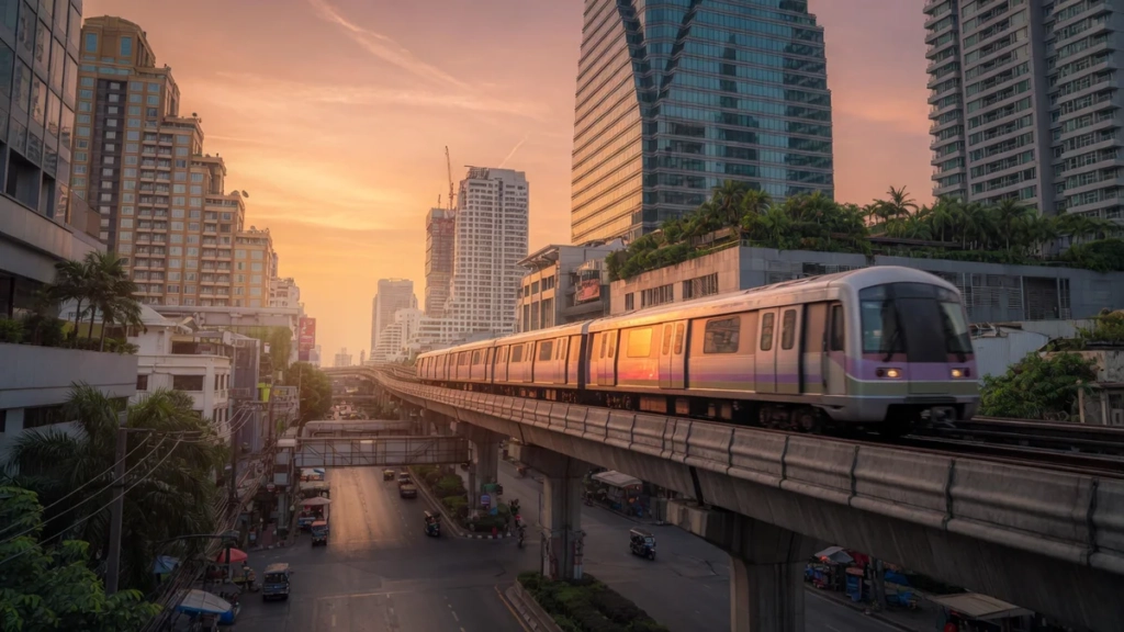 Vue dramatique du BTS Skytrain de Bangkok circulant sur un viaduc surélevé au coucher de soleil, avec la skyline moderne de l
