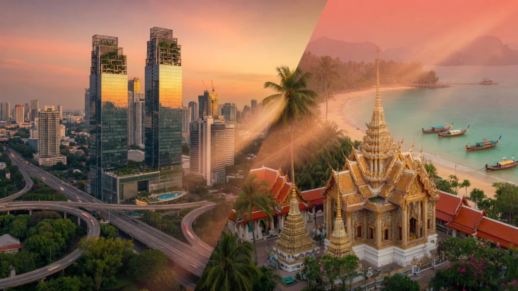 Vue aérienne cinématographique divisée diagonalement : à gauche la skyline moderne de Kuala Lumpur avec ses tours jumelles en