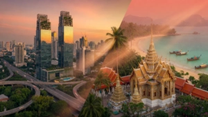 Vue aérienne cinématographique divisée diagonalement : à gauche la skyline moderne de Kuala Lumpur avec ses tours jumelles en
