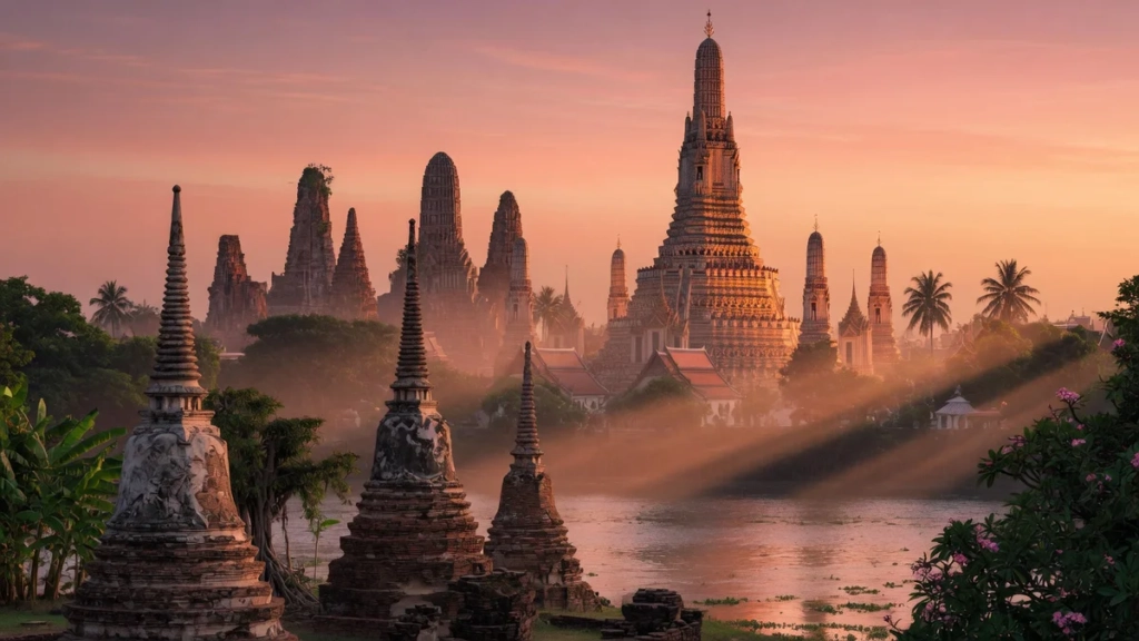Vue panoramique au coucher de soleil de silhouettes de temples et stupas thaïlandais emblématiques, illustrant la richesse du