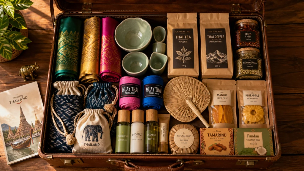 Vue du dessus d'une valise vintage ouverte sur une table en teck, remplie d'une sélection soignée de souvenirs thaïlandais :