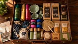 Vue du dessus d'une valise vintage ouverte sur une table en teck, remplie d'une sélection soignée de souvenirs thaïlandais :