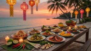 Elegant beachfront dining setup on Koh Samui island at golden hour, featuring a wooden table with beautifully plated Thai dis