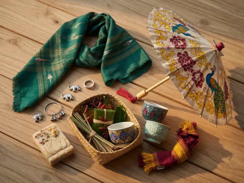 Flat-lay composition of authentic Thai souvenirs including handwoven silk scarf, silver jewelry, painted paper umbrella, spic