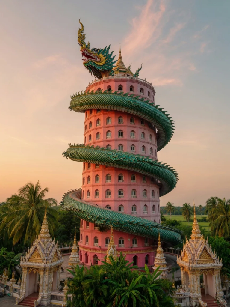 Vue spectaculaire du Wat Samphran, le temple du Dragon en Thaïlande, avec sa tour rose cylindrique de 17 étages enlacée par u