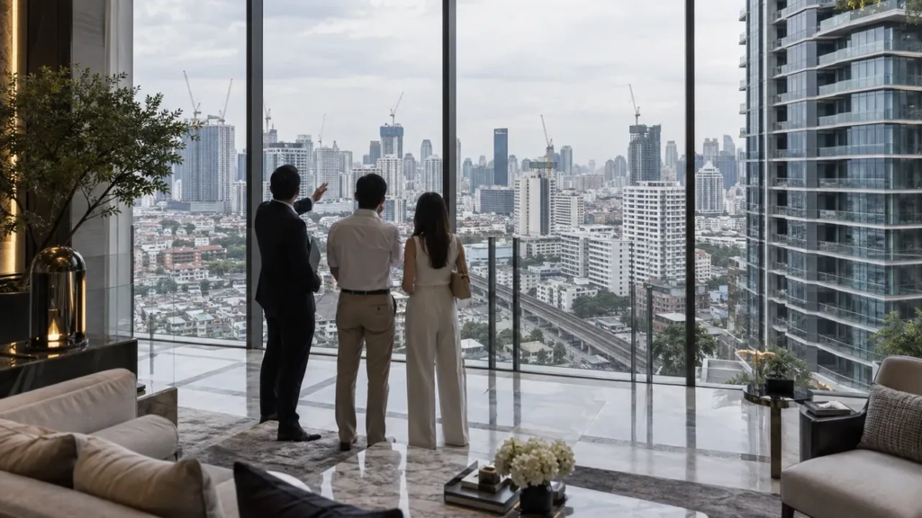 Acheteurs visitant un luxueux condominium surplombant Bangkok