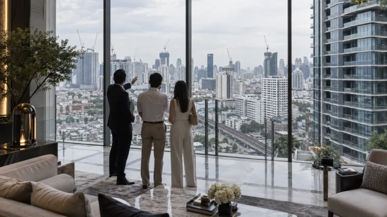 Acheteurs visitant un luxueux condominium surplombant Bangkok