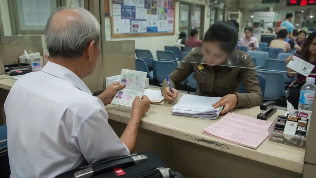 Retraité européen présentant son passeport à l’immigration thaïlandaise