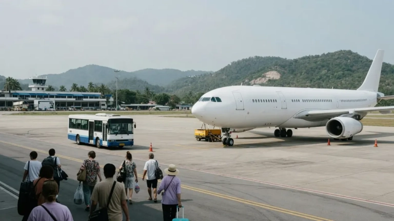 Avion de ligne et voyageurs se dirigeant vers la navette