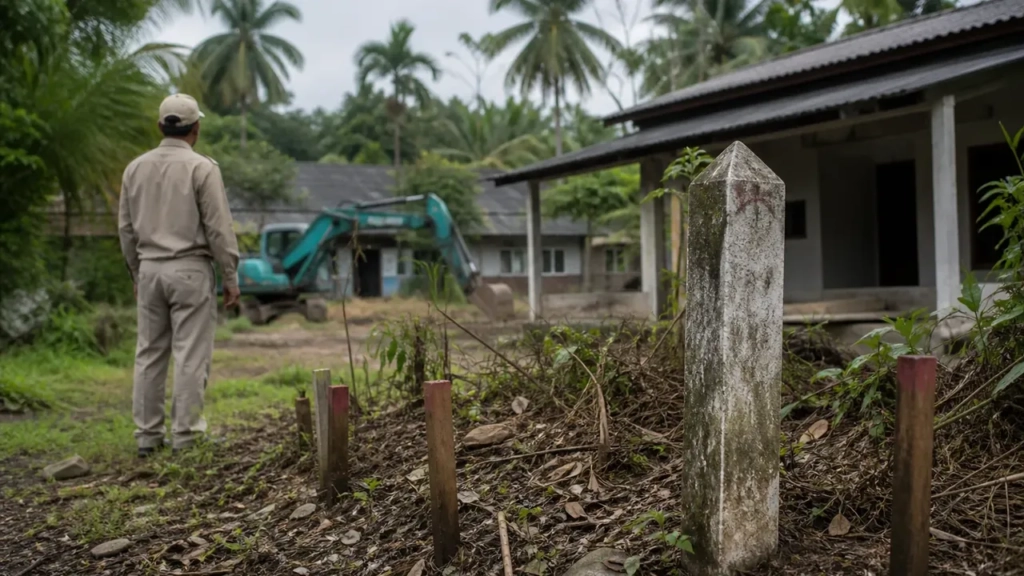 Bornes cadastrales devant une propriété tropicale promise à démolition