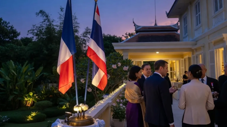 Drapeaux français et thaïlandais lors d’une réception diplomatique à Bangkok