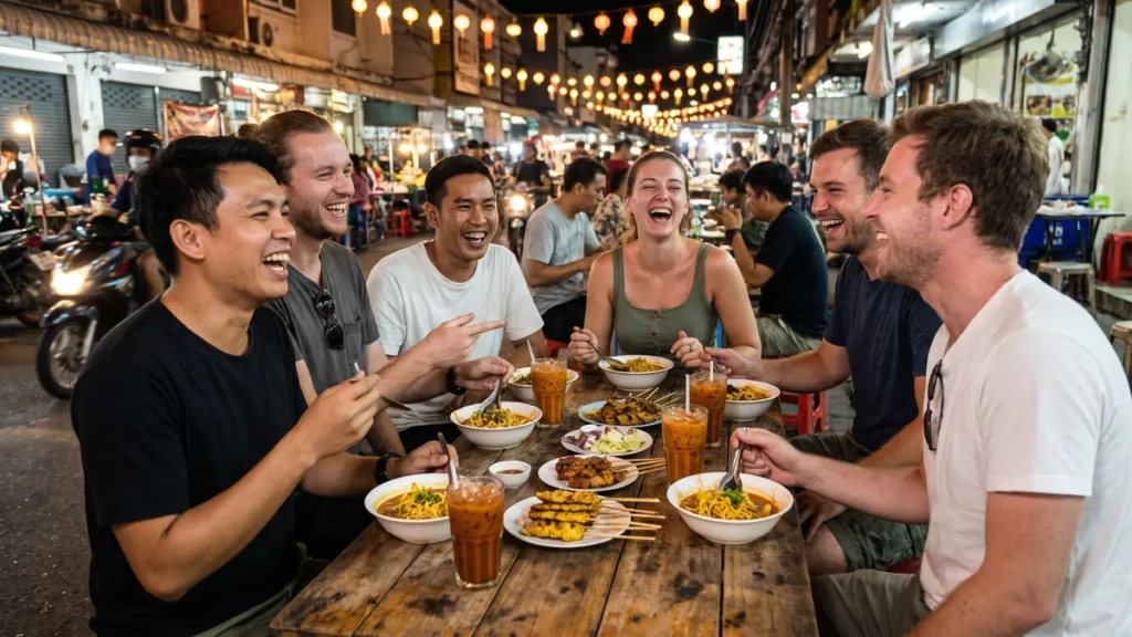 Des amis thaïlandais et français partagent un repas sur un marché de nuit
