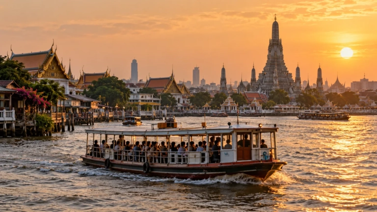 Bateau-taxi transportant des passagers sur le fleuve Chao Phraya à Bangkok, devant le temple Wat Arun au coucher du soleil.