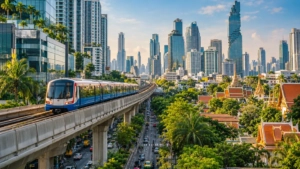 Illustration de Bangkok, Chiang Mai, Hua Hin, Pattaya et Phuket, avec des repères de ville et de bord de mer