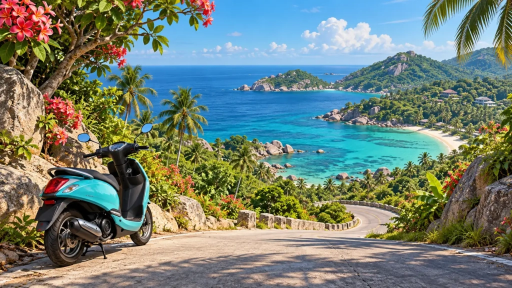 Scooter stationné près d’une plage de Koh Tao, avec la mer et les collines en arrière-plan