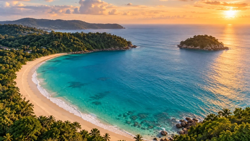 Baie tropicale vue du ciel : plage en croissant, collines verdoyantes et eaux turquoise.